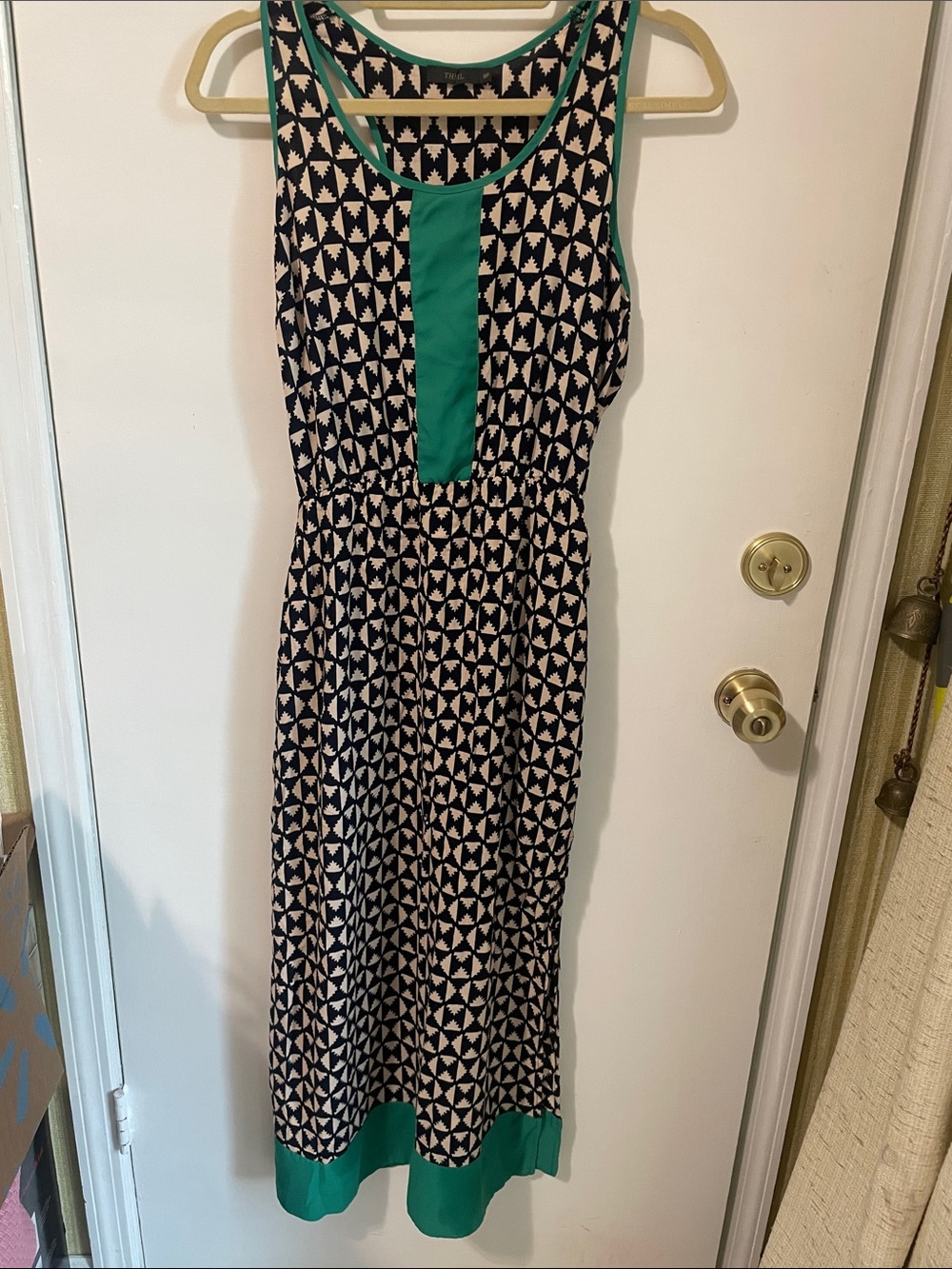 Sleeveless Geometric Maxi Dress with Teal Trim -